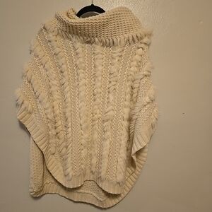 Joseph Ribkoff Sweater Poncho Faux Fur Trim Cotton Ivory S/M